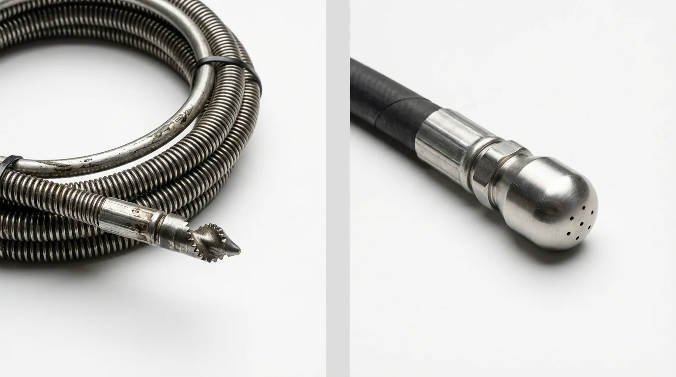 Drain snake cable and hydro jetting nozzle used for drain cleaning in Goodrich, MI