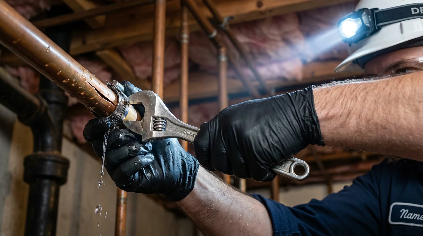 Emergency pipe clamp repair being performed by a Johns Plumbing LLC plumber in Goodrich