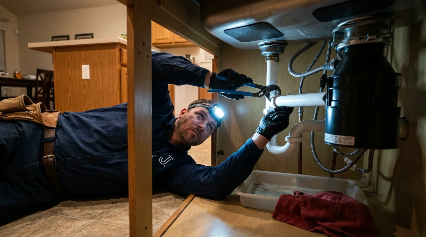 P-trap and supply line connections under a kitchen sink showing a common leak point in Goodrich, MI